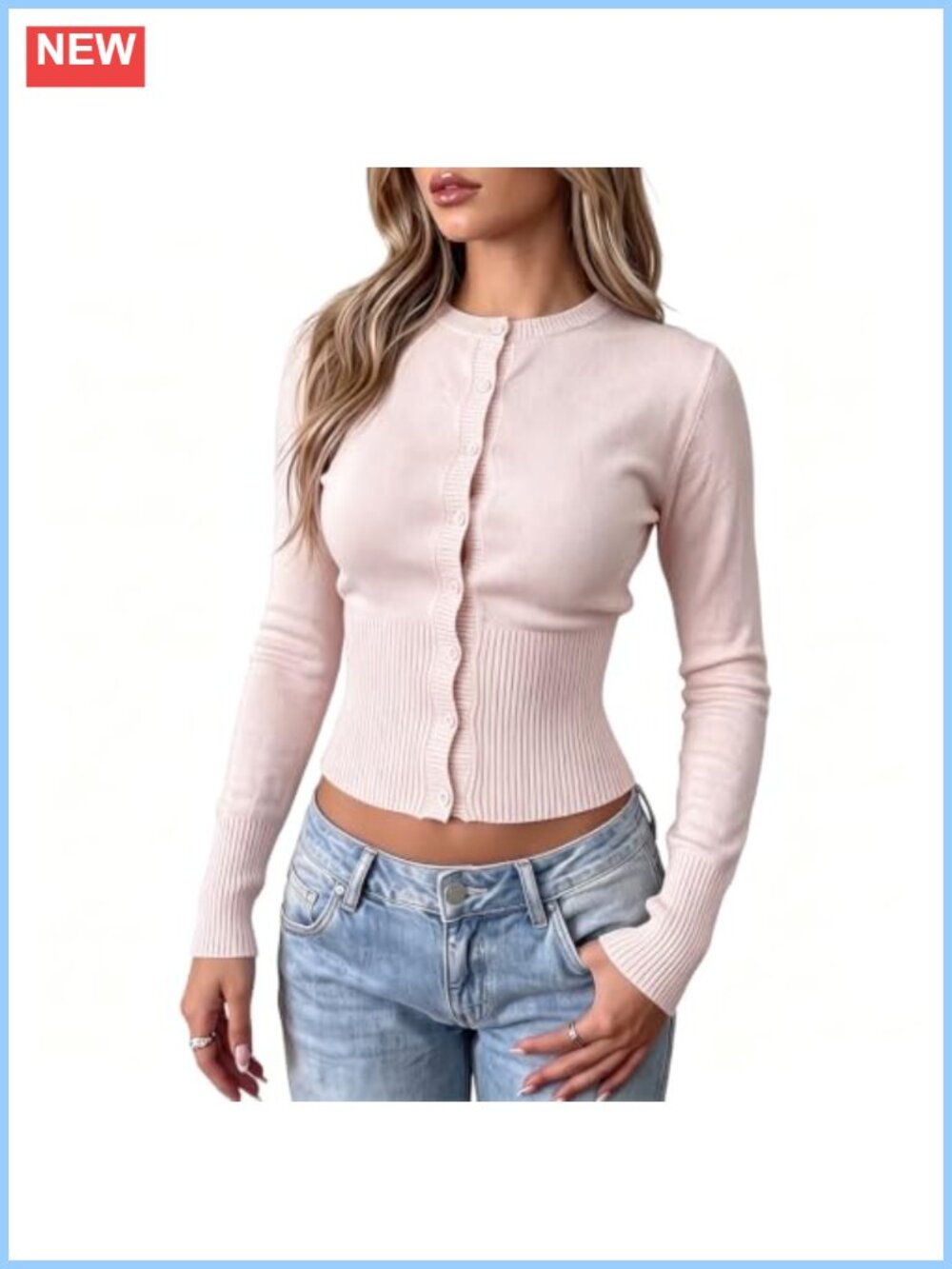 Women's Ribbed Knit Cropped Cardigan Button Down Long Sleeve Slim Fit Crew Neck